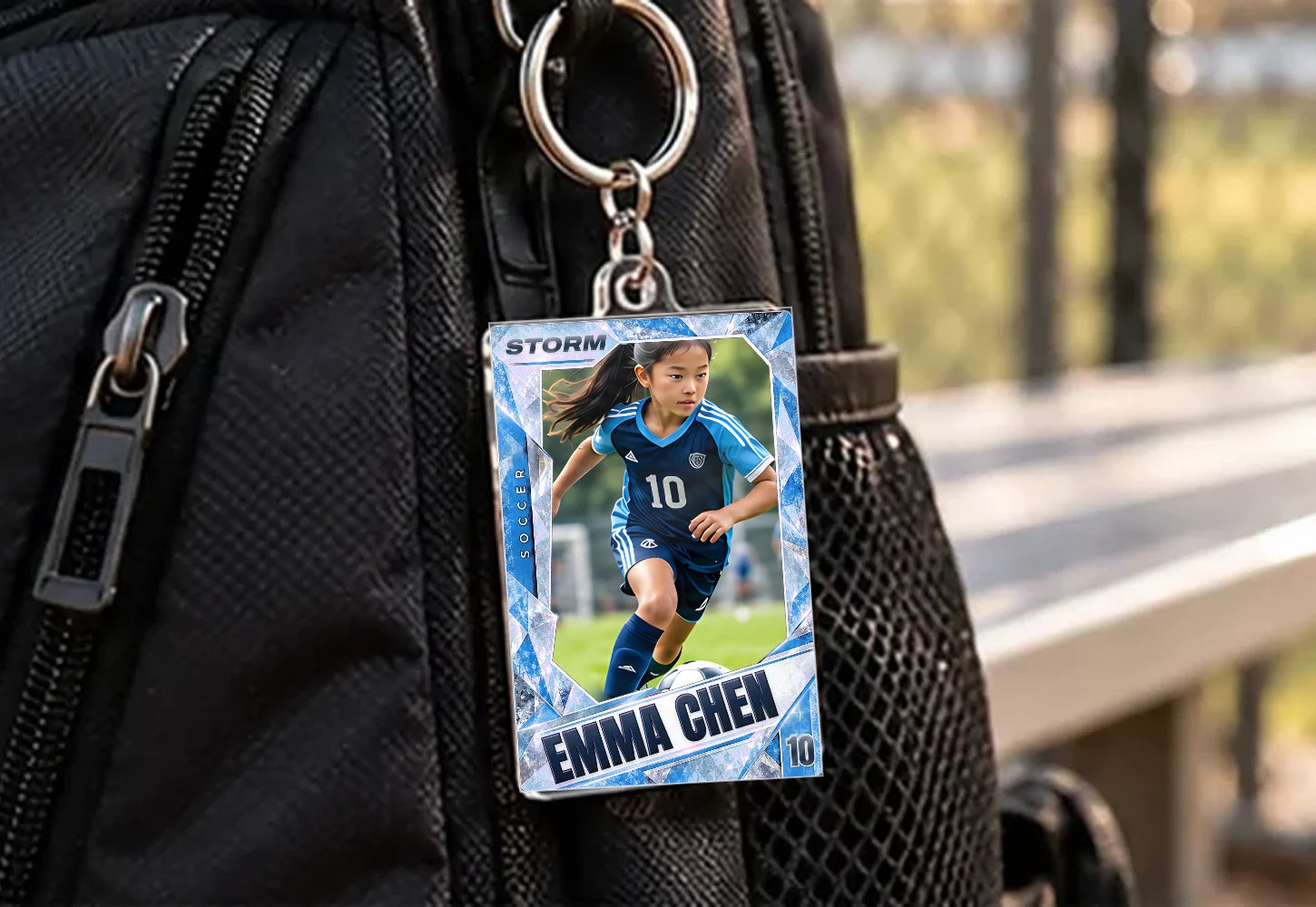 Keychain: personalized acrylic sports card example