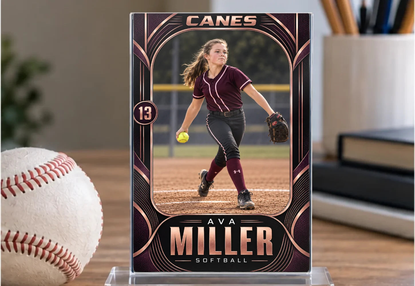 Desktop display: personalized acrylic sports card example