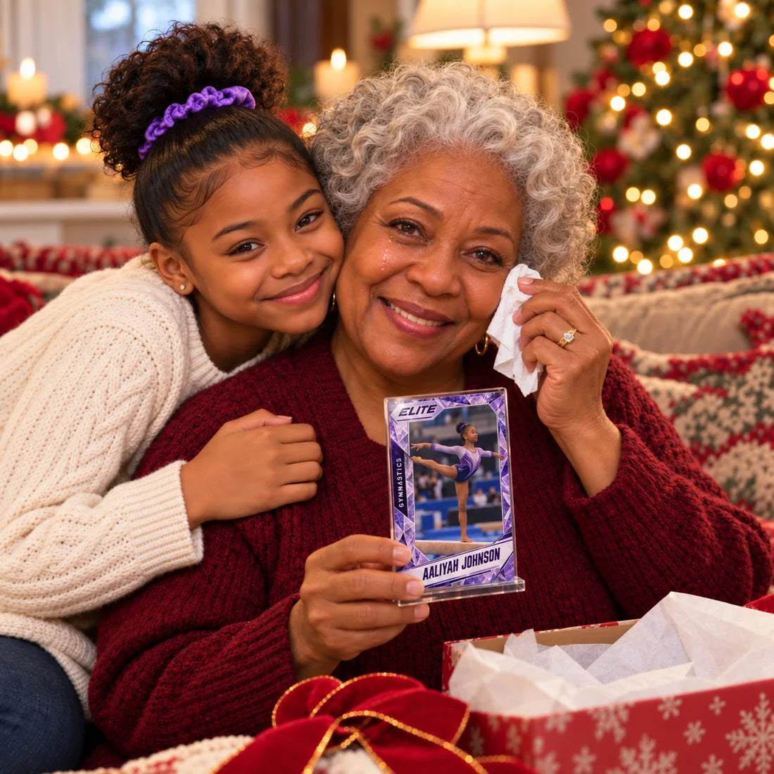 Grandmother holding a personalized acrylic gymnastics card at Christmas